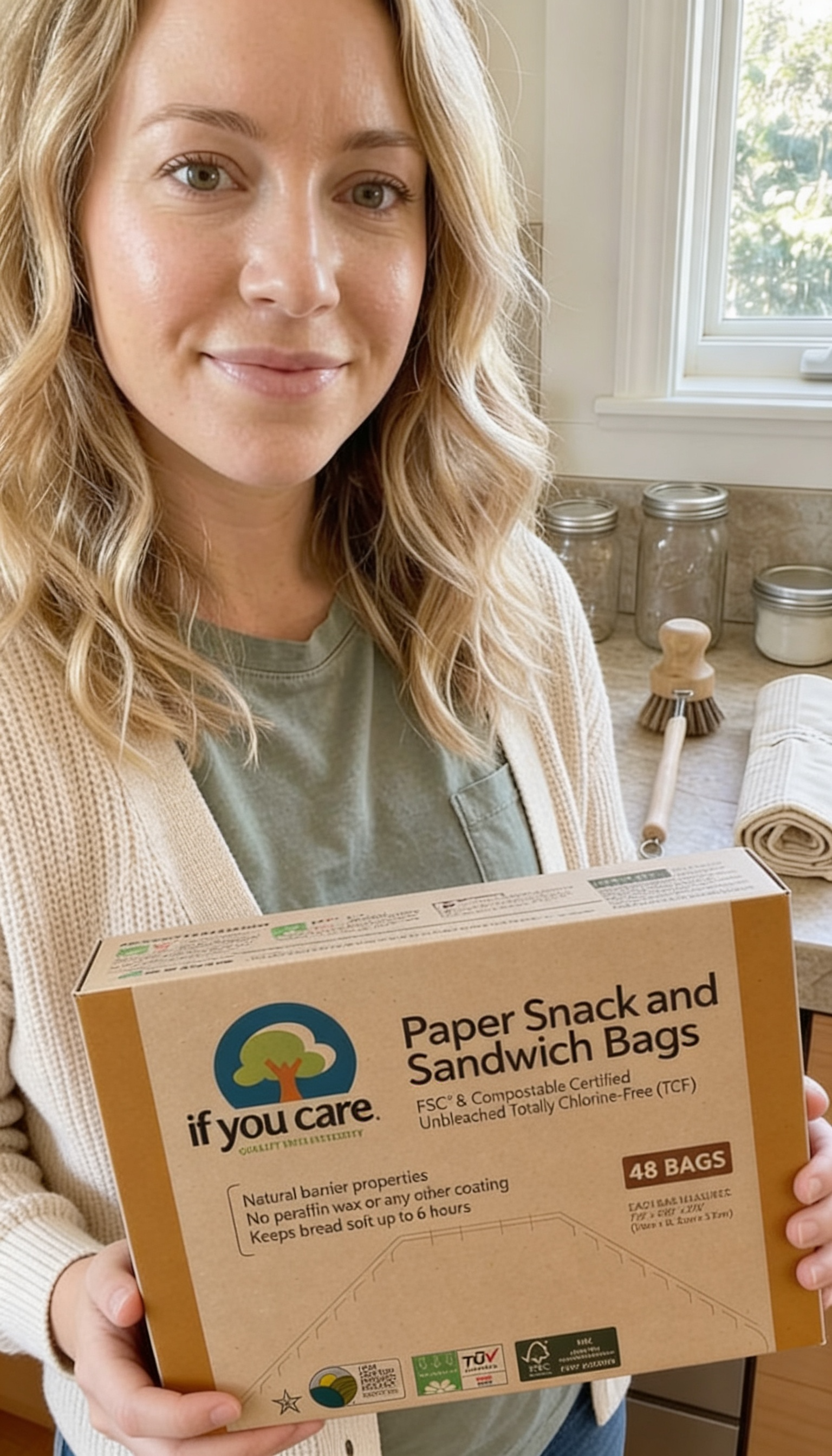 Mila in a bright kitchen holding a practical low-plastic home swap