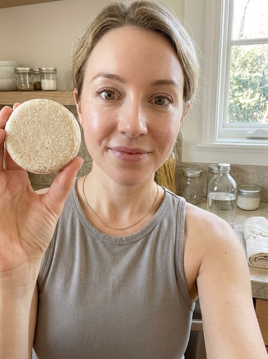 Mila holding household swap items in a bright kitchen